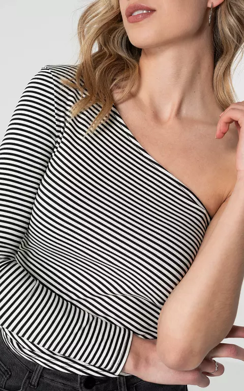 One shoulder top met streepjespatroon zwart wit