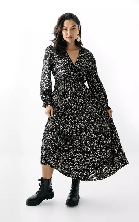 Midi jurk met v-hals en plissé zwart creme
