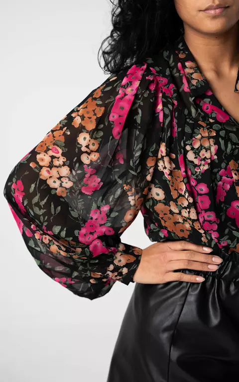Transparente Bluse mit Blumenmuster schwarz fuchsia