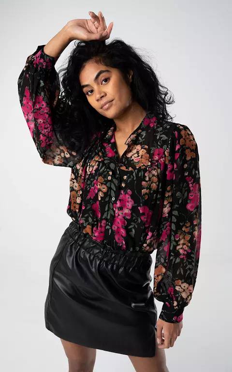 See-through blouse with print black fuchsia