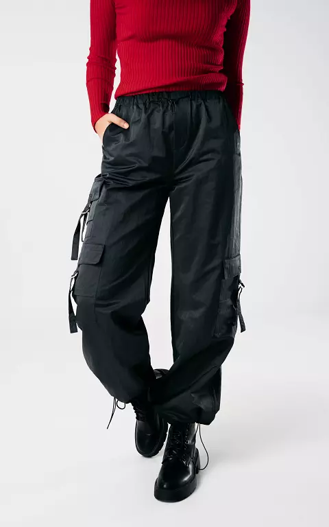 Parachute pants with silver-coloured details black