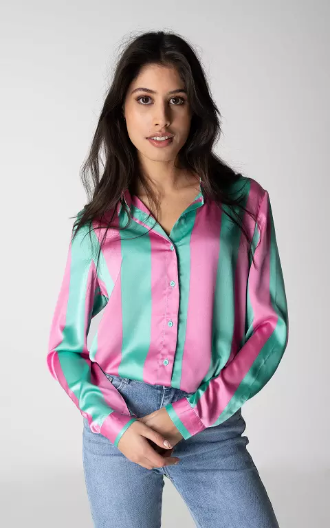 Striped satin-look blouse pink green