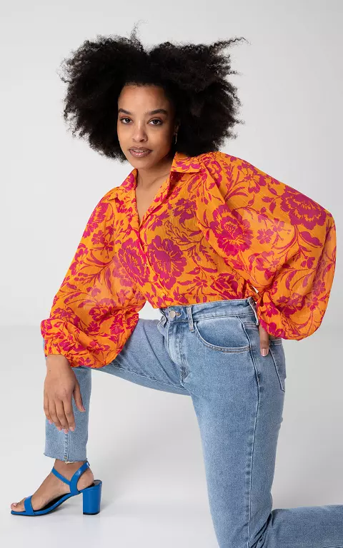 See through blouse met glitterdetail oranje fuchsia