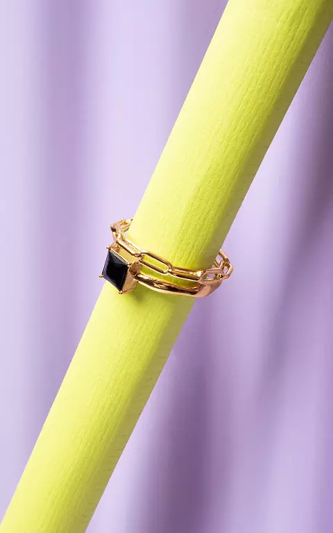 Adjustable double ring with coloured stone gold black