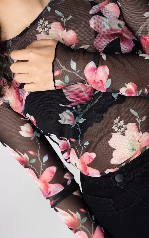 Transparentes Top mit floralem Muster schwarz pink