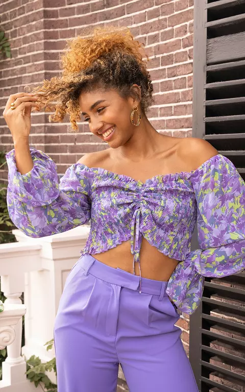 Smocked crop top with tie purple yellow