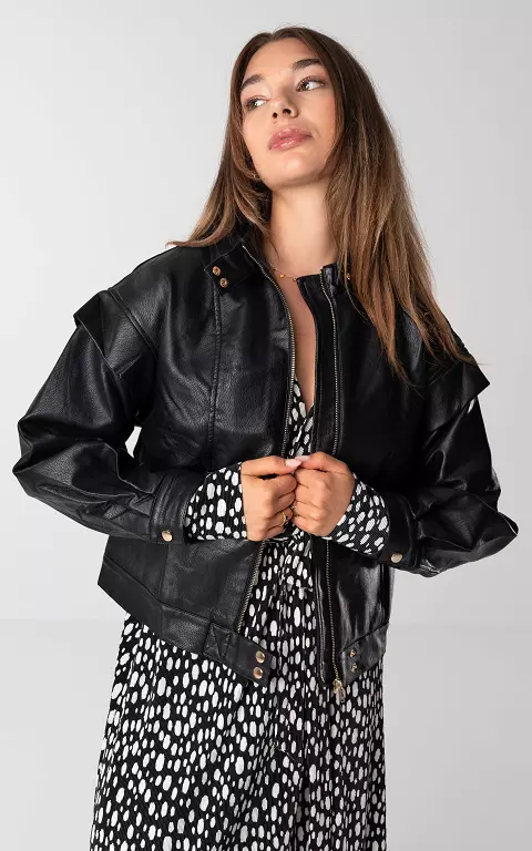 Leather-look jacket with gold-coloured details black