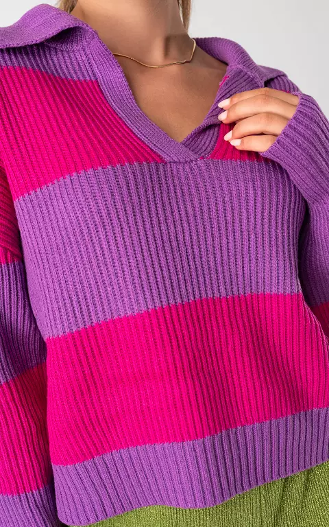 Pullover mit Kragen und Streifen lila pink