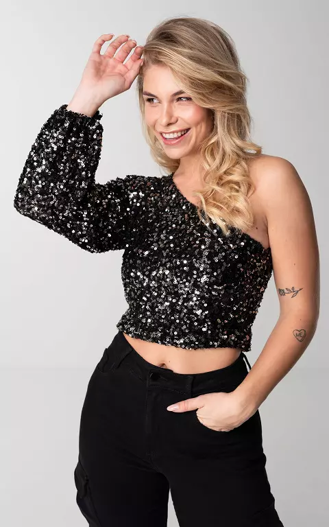 One shoulder top with sequins black silver