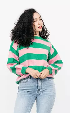 Striped sweater with round neck | green light pink | Guts & Gusto