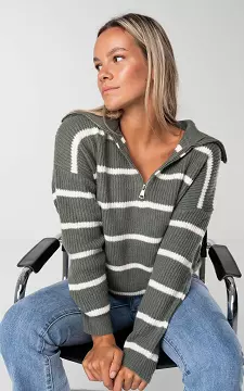 Turtleneck sweater with half zip | Green White | Guts & Gusto